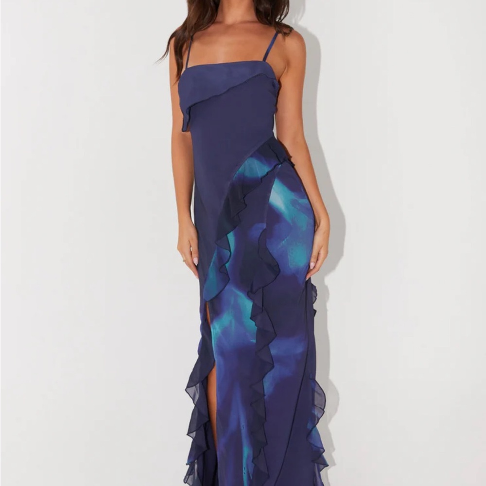 Peppermayo Blue Ruffled Slit Maxi Dress